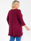 PLUS 3/4 sleeve ruffle bottom, high/low tunic top in burgundy