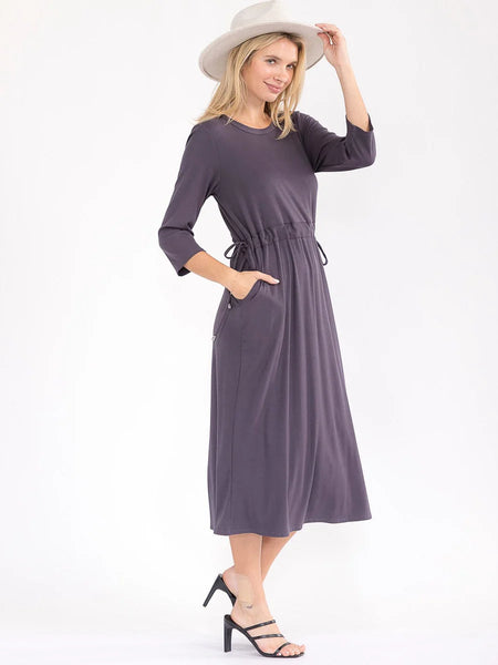 3/4 sleeve front pockets, adjustable drawstring waist, ribbed material dress ￼