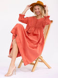 Rust 3/4 sleeve V-neck front pocket loose fit linen maxi dress￼