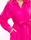 Long sleeve button up self tie tiered maxi dress in fuchsia ￼