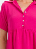 Short sleeve button up tiered tunic top in fuchsia