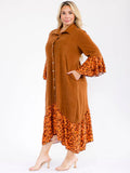 PLUS long bell sleeve button up front pockets, animal print contrast maxi dress ￼