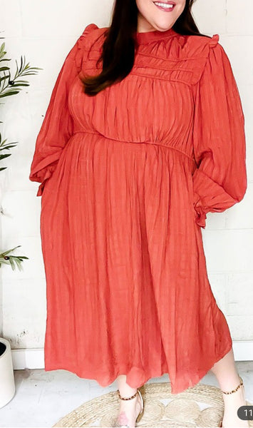 Plus mock neck embossed lined midi dress in rust