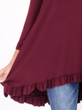 3/4 sleeve ruffle hem, high low tunic top in burgundy ￼