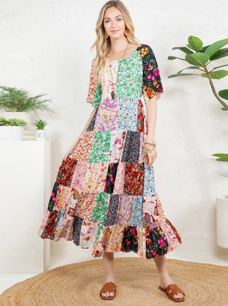 Regular size Boho Patchwork Round Neck Long Maxi
Dress