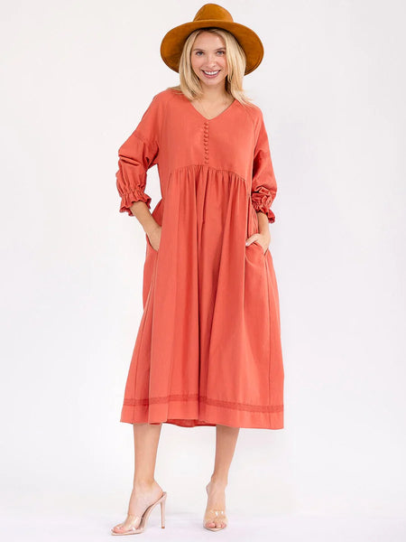 Rust 3/4 sleeve V-neck front pocket loose fit linen maxi dress￼