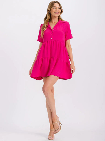 Short sleeve button up tiered tunic top in fuchsia