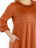 PLUS 3/4 sleeve front pockets ruffle bottom hem, loose fit dress in rust ￼