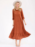 3/4 ruffle sleeve front pockets, ruffle bottom hem, loose fit maxi dress in rust ￼