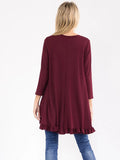 3/4 sleeve ruffle hem, high low tunic top in burgundy ￼