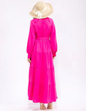 Long sleeve button up self tie tiered maxi dress in fuchsia ￼