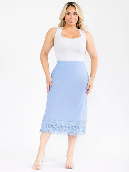 Plus, elastic waist, crochet bottom hem slip extender in ice blue ￼