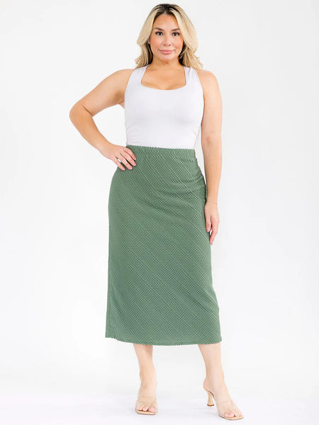 PLUS elastic waist, textured, fitted skirt in olive ￼