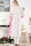 Embroidered deep V neck mid sleeve dress in pink
