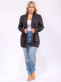 Plus size long sleeve open front with pockets, knit cardigan in charcoal black ￼