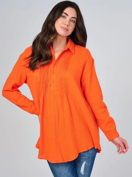 Long sleeve button up tunic blouse in orange ￼