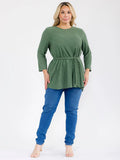 PLUS 3/4 sleeve with detached scarf textured material tunic top in olive￼