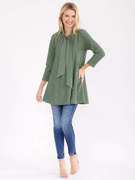 3/4 sleeve with detached scarf textured tunic top in olive￼