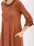 3/4 ruffle sleeve front pockets, ruffle bottom hem, loose fit maxi dress in rust ￼