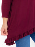 PLUS 3/4 sleeve ruffle bottom, high/low tunic top in burgundy