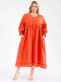 PLUS 3/4 slave V-neck front pockets, loose fit linen dress in rust