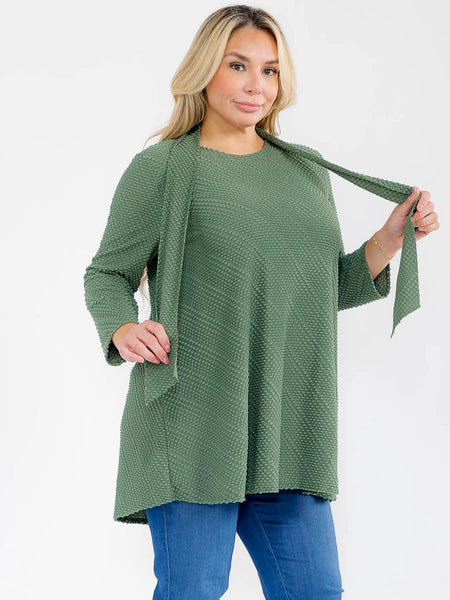 PLUS 3/4 sleeve with detached scarf textured material tunic top in olive￼