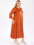 PLUS 3/4 sleeve front pockets ruffle bottom hem, loose fit dress in rust ￼