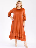 PLUS 3/4 sleeve front pockets ruffle bottom hem, loose fit dress in rust ￼