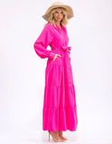 Long sleeve button up self tie tiered maxi dress in fuchsia ￼