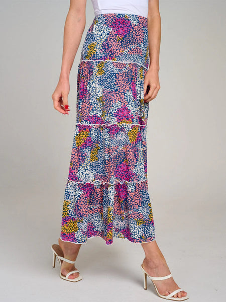 Elastic waist, tiered, floral, multi print, maxi skirt in fuchsia ￼