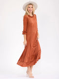 3/4 ruffle sleeve front pockets, ruffle bottom hem, loose fit maxi dress in rust ￼