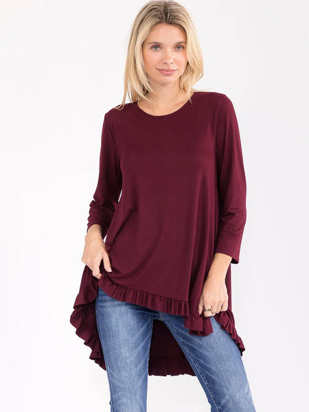 3/4 sleeve ruffle hem, high low tunic top in burgundy ￼