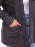 Plus size long sleeve open front with pockets, knit cardigan in charcoal black ￼