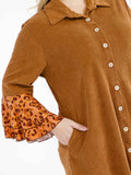 PLUS long bell sleeve button up front pockets, animal print contrast maxi dress ￼