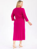 PLUS 3/4 sleeve front pockets, adjustable drawstring waist, ribbed material maxi address in magenta ￼