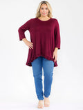 PLUS 3/4 sleeve ruffle bottom, high/low tunic top in burgundy