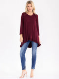 3/4 sleeve ruffle hem, high low tunic top in burgundy ￼
