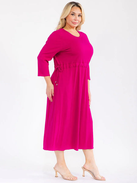 PLUS 3/4 sleeve front pockets, adjustable drawstring waist, ribbed material maxi address in magenta ￼