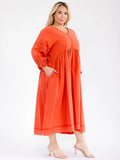 PLUS 3/4 slave V-neck front pockets, loose fit linen dress in rust