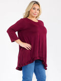 PLUS 3/4 sleeve ruffle bottom, high/low tunic top in burgundy
