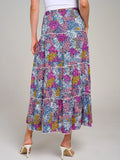 Elastic waist, tiered, floral, multi print, maxi skirt in fuchsia ￼