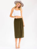 Elastic waist, corduroy detail, midi pencil skirt in olive
