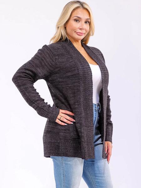 Plus size long sleeve open front with pockets, knit cardigan in charcoal black ￼
