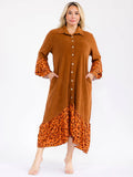 PLUS long bell sleeve button up front pockets, animal print contrast maxi dress ￼