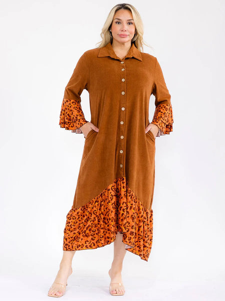 PLUS long bell sleeve button up front pockets, animal print contrast maxi dress ￼