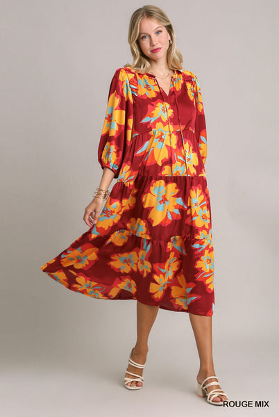 Rouge floral midi dress with 3/4 sleeves.