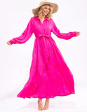 Long sleeve button up self tie tiered maxi dress in fuchsia ￼